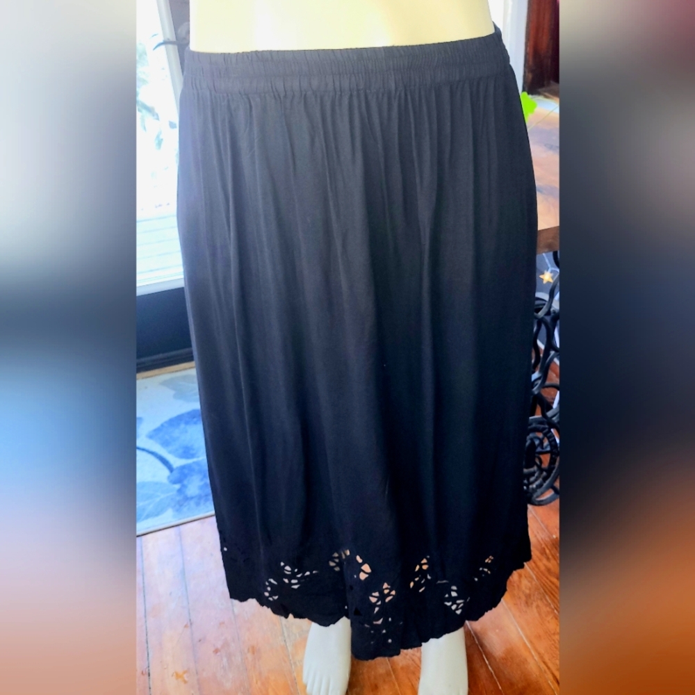 Black A-Line Midi Skirt with Smocked Cut-Out Design